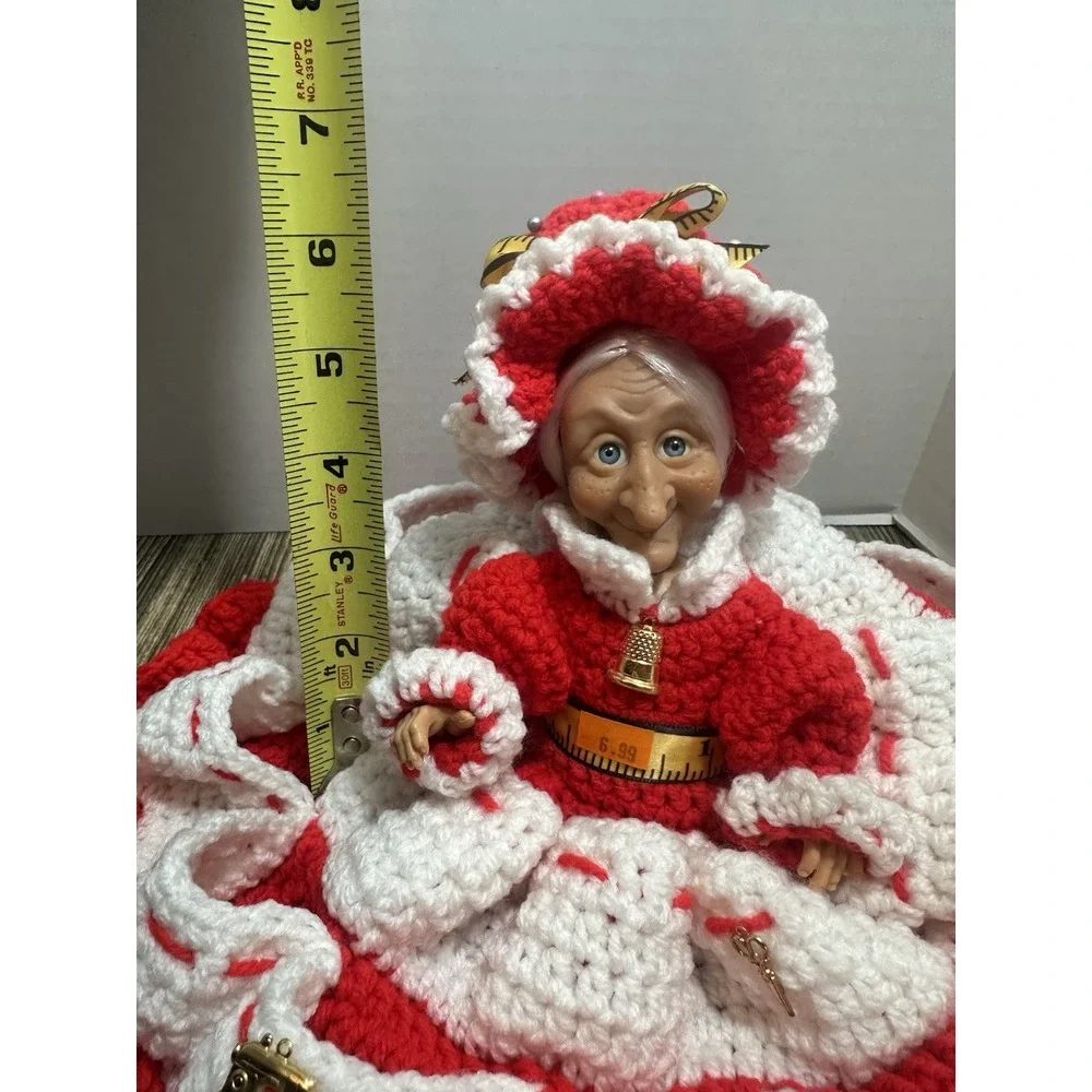 Hand‎ Crocheted Thread Caddy Cone Doll Red And White Pincushion RARE